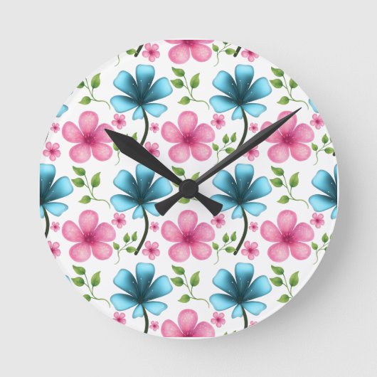 Pink & Blue Floral Seamless Pattern Runde Wanduhr (Vorderseite)
