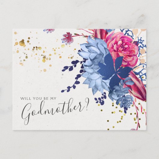 Pink Blue Floral Succulator Godmuttmutterausweis Postkarte (Vorderseite)