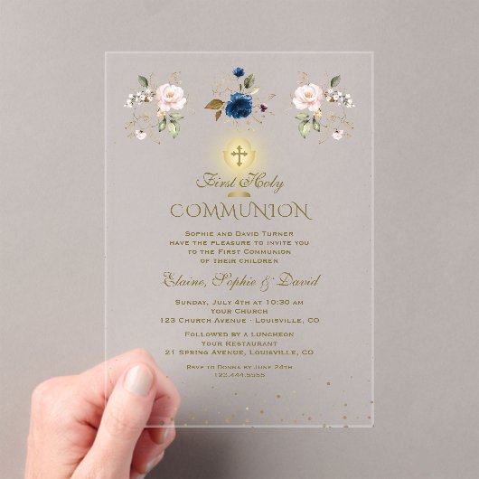 Pink Blue Floral Triplets First Holy Communion Acryleinladungen (Insitu (Handheld))