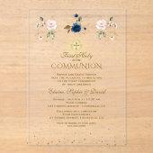 Pink Blue Floral Triplets First Holy Communion Acryleinladungen (Vorderseite)
