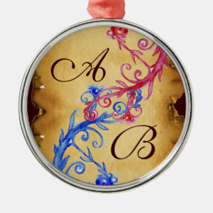 PINK BLUE FLORAL WIRBEL WEDING SOUVENIR MONOGRAM SILBERNES ORNAMENT