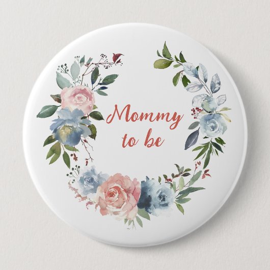 Pink Blue Floral Wreath Mommy zu 4" Button (Vorderseite)