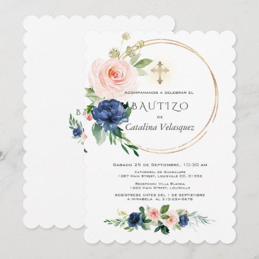 Pink Blue Flores Invitacion De Bautizo Spanisch Einladung (Vorne/Hinten)