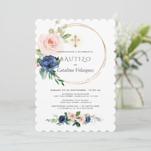 Pink Blue Flores Invitacion De Bautizo Spanisch Einladung (Stehend Vorderseite)