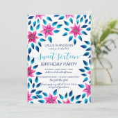 Pink Blue Flowers Blätter Acrylic Paint Sweet 16 Einladung (Stehend Vorderseite)