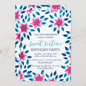 Pink Blue Flowers Blätter Acrylic Paint Sweet 16 Einladung (Vorne/Hinten)