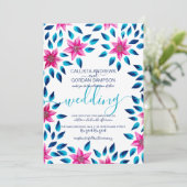 Pink Blue Flowers Blätter Acrylic Paint Wedding Einladung (Stehend Vorderseite)