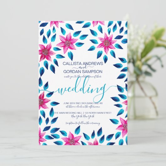 Pink Blue Flowers Blätter Acrylic Paint Wedding Einladung (Stehend Vorderseite)