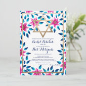 Pink Blue Flowers Blätter Bat Mitzvah Hebräischer Einladung (Stehend Vorderseite)