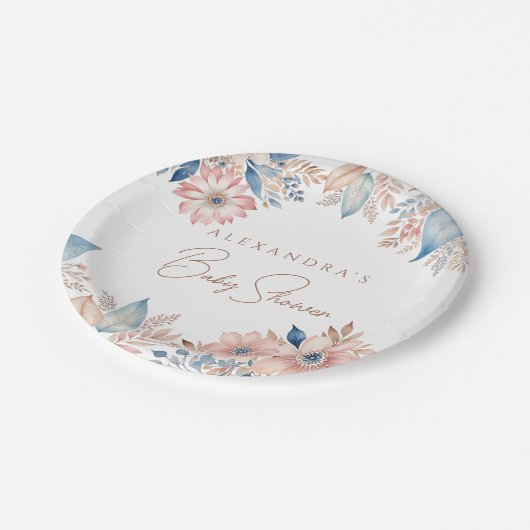 Pink Blue Flowers Boho Chic Baby Dusche Pappteller (Schrägansicht)