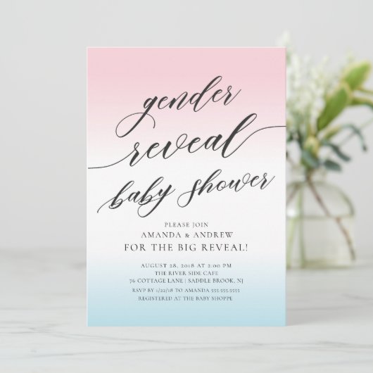 Pink & Blue Gender Reveal Baby Shower Einladung (Stehend Vorderseite)