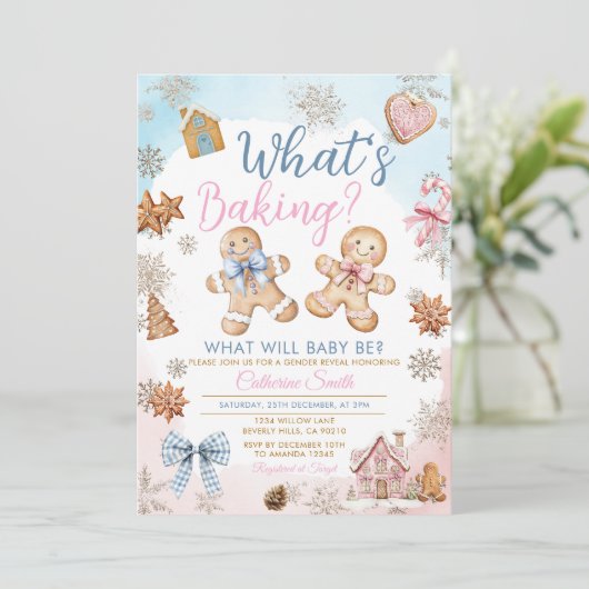 Pink Blue Gingerbread Gender Reveal Einladung (Stehend Vorderseite)
