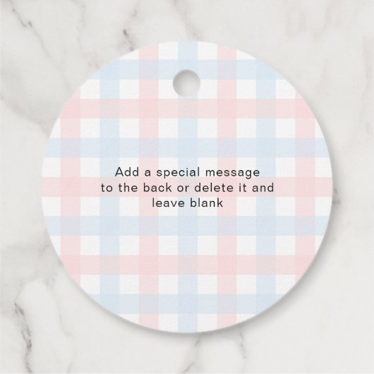 Pink Blue Gingham Baby Dusche mit Liebe gesprenkel Geschenkanhänger (Rückseite)