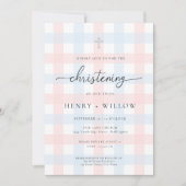 Pink Blue Gingham Christening Einladung (Vorderseite)