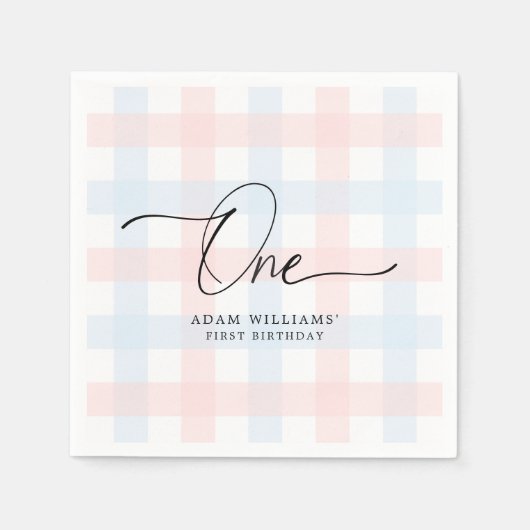 Pink Blue Gingham First Birthday Paper Napkin Serviette (Vorderseite)