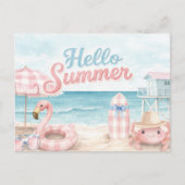 Pink Blue Gingham Hello Summer Beach Coastal Postkarte (Vorderseite)