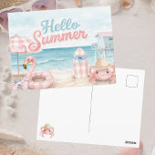 Pink Blue Gingham Hello Summer Beach Coastal Postkarte