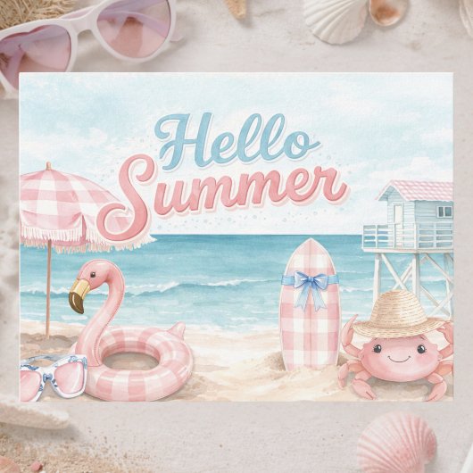 Pink Blue Gingham Hello Summer Beach Coastal Postkarte