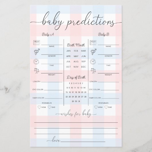Pink Blue Gingham Twins Baby Predictions Game (Vorderseite)