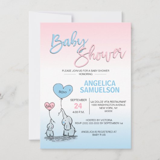 Pink Blue Girl oder Boy Neutral Elephant Baby Dusc Einladung (Vorderseite)