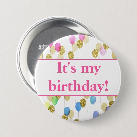 Pink Blue Glitter Ballons It's My Birthday Button (Vorne & Hinten)