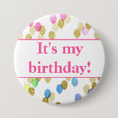 Pink Blue Glitter Ballons It's My Birthday Button (Vorderseite)