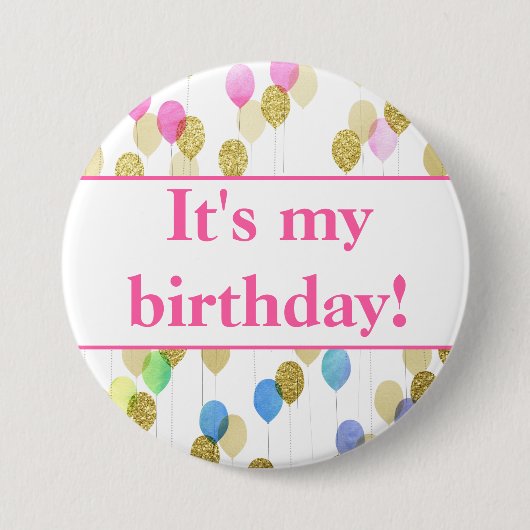 Pink Blue Glitter Ballons It's My Birthday Button (Vorderseite)