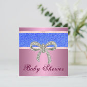 Pink Blue Glitzer Diamond Bow Babydusche lädt ein Einladung (Stehend Vorderseite)