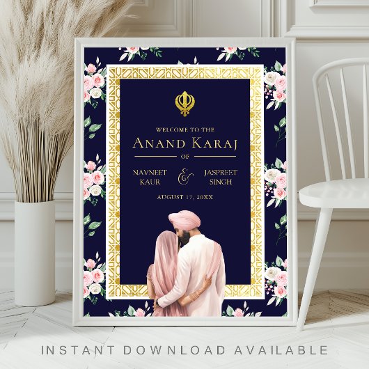 Pink Blue Gold Anand Karaj Wedding Willkommenszeic Poster