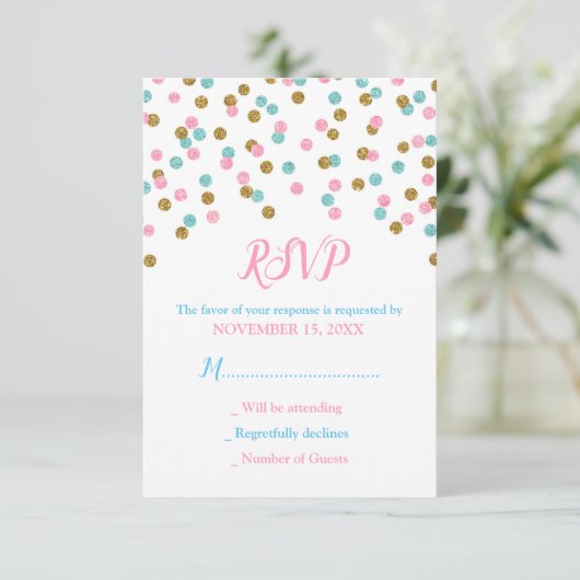 Pink Blue Gold Confetti Baby Dusche RSVP Karten (Stehend Vorderseite)