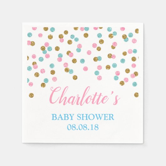 Pink Blue Gold Dots Baby Dusche Napkins Serviette (Vorderseite)