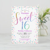 Pink Blue Gold Glitzer Confetti Sweet 16 Geburtsta Einladung (Stehend Vorderseite)