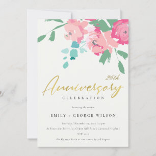 PINK BLUE GOLD PEONY FLORAL ANY YEAR ANNIVERSARY EINLADUNG