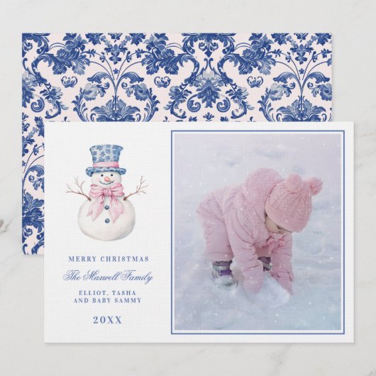 Pink & Blue Grandmillennial Damask Snowman Foto Einladung (Vorne/Hinten)