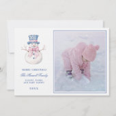 Pink & Blue Grandmillennial Damask Snowman Foto Einladung (Vorderseite)