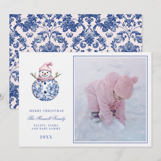 Pink & Blue Grandmillennial Damask Snowman Foto Einladung (Vorne/Hinten)