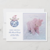 Pink & Blue Grandmillennial Damask Snowman Foto Einladung (Vorderseite)