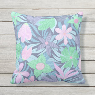Pink Blue Green Floral Illustration Muster Kissen