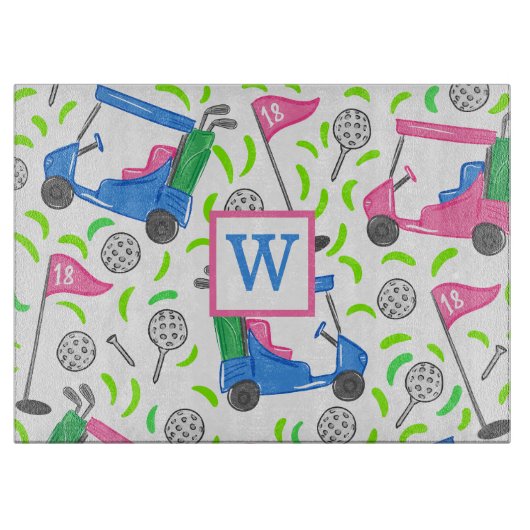 Pink Blue Green Golf Preppy Monogram Initial Schneidebrett (Vorderseite)