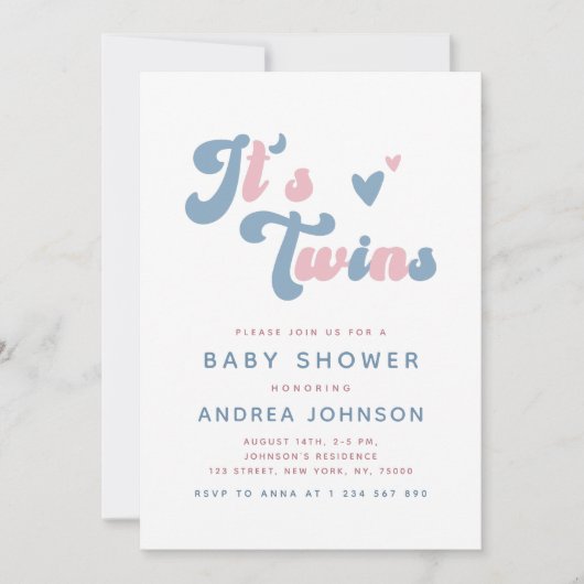 Pink & Blue Groovy Retro Twins Dotted Baby Dusche Einladung (Vorderseite)