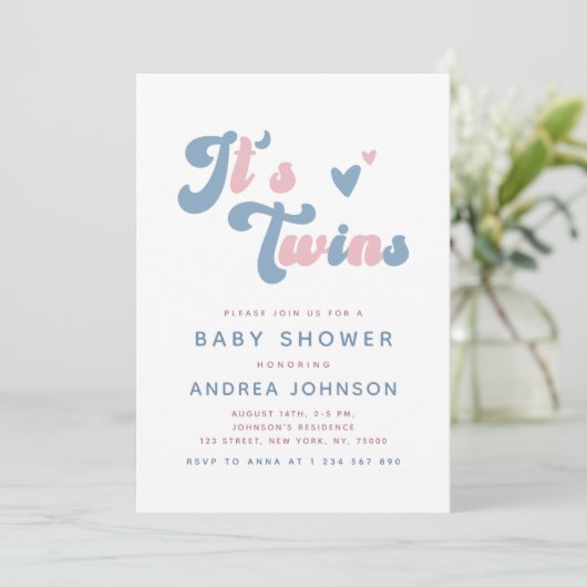 Pink & Blue Groovy Retro Twins Dotted Baby Dusche Einladung (Stehend Vorderseite)