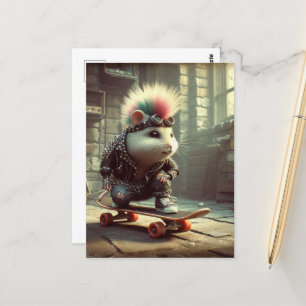 Pink Blue Hair Punk Rock Skateboard Hamster Postkarte