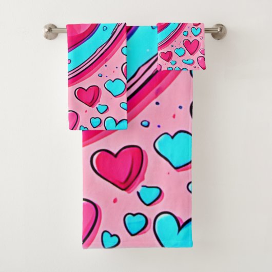 Pink Blue Heart Pattern Badhandtuch Set (Insitu)