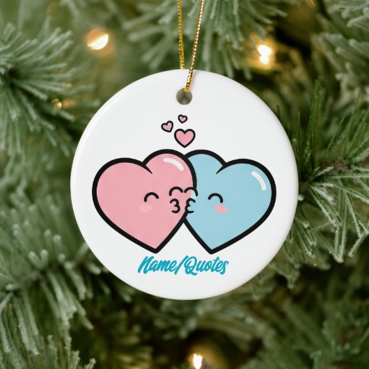 Pink & Blue Hearts Kiss Keramik Ornament (Baum)
