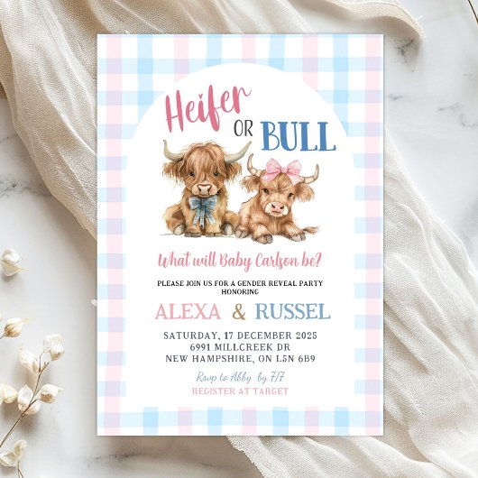 Pink Blue Heifer Bull Gender Reveal Invitation Einladung