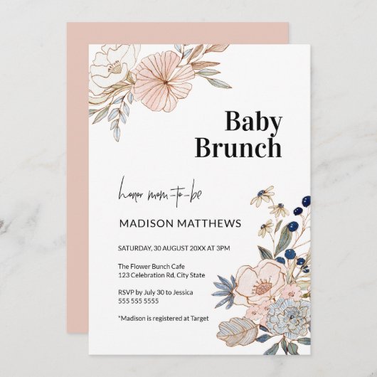 Pink Blue Hübsch Floral Baby Brunch Dusche Einladung (Vorne/Hinten)