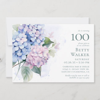 Pink Blue Hydrangeas 100. Geburtstagskarte Einladung