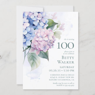 Pink Blue Hydrangeas 100. Geburtstagskarte Einladung