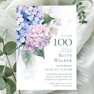 Pink Blue Hydrangeas 100. Geburtstagsparty Einladung