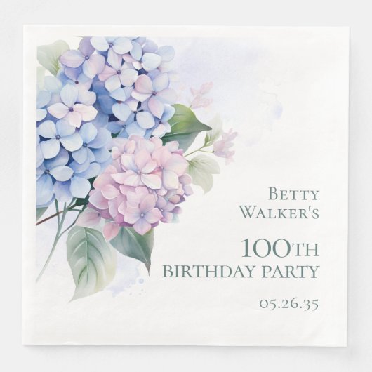 Pink Blue Hydrangeas 100. Geburtstagsparty Serviette (Vorderseite)